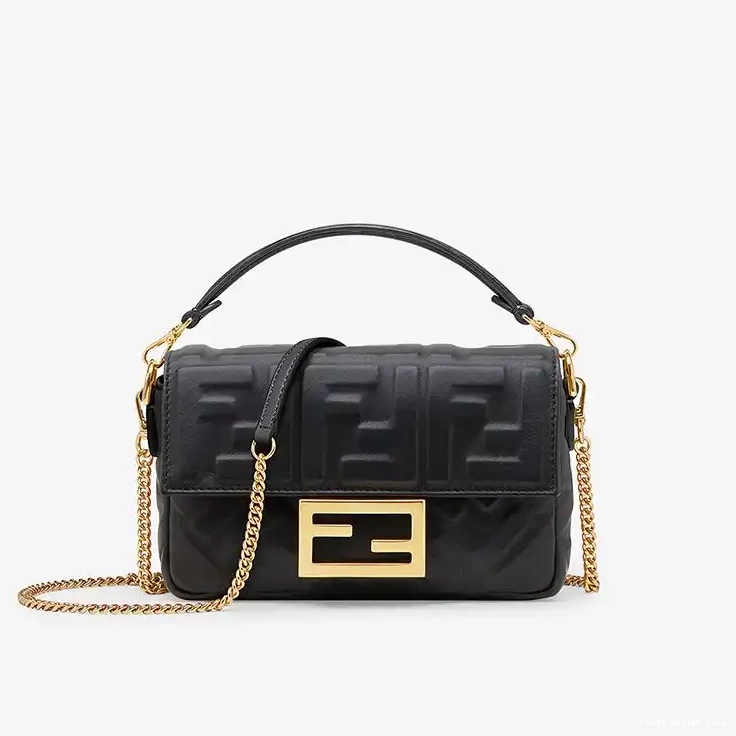 Cheap Mini Bag Motif Leather Black Baguette FF Fendi In Nappa 0526